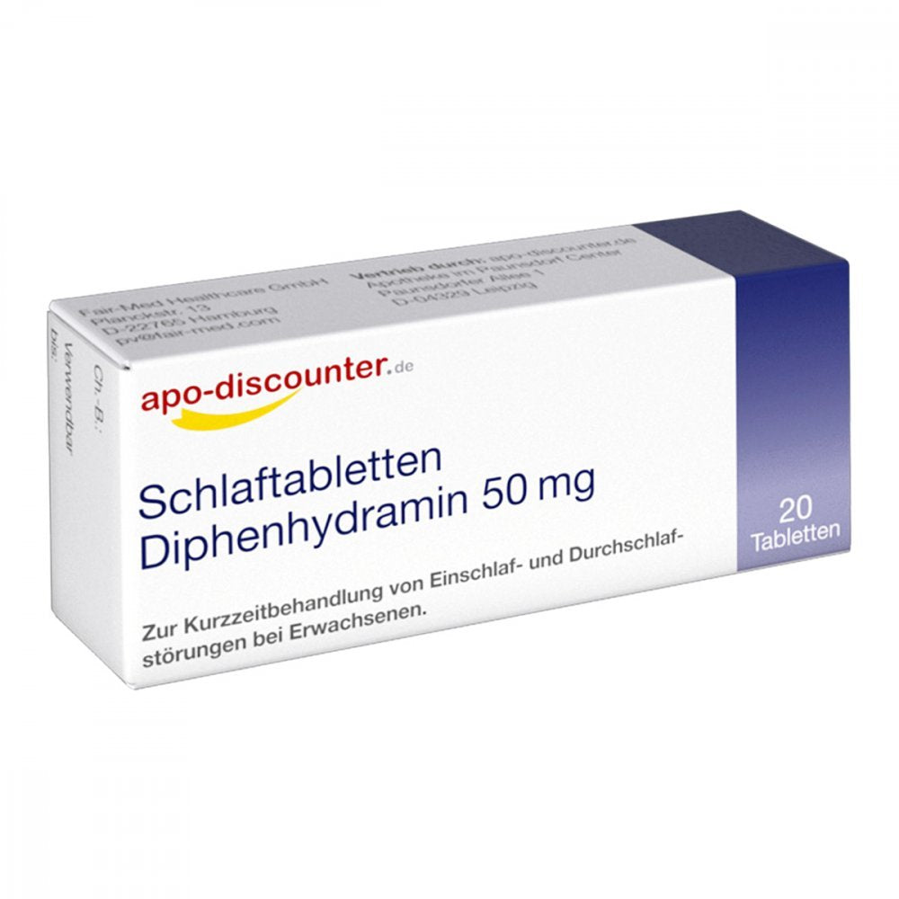 Das Produktfoto zeigt Schlaftabletten Diphenhydramin 50 Mg/Apodiscounter (20 stk) PZN 16739701
