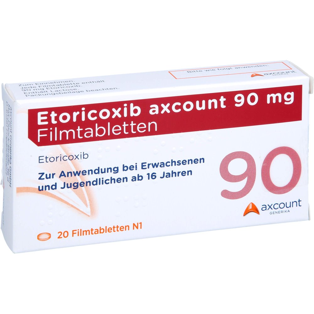 Das Produktfoto zeigt Etoricoxib Axcount 90 Mg Filmtabletten (20 stk) PZN 16742347