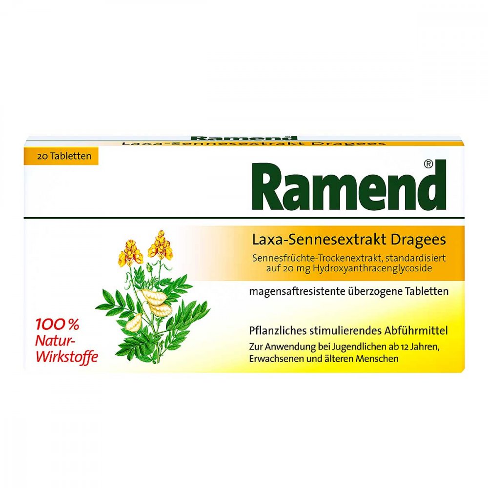 Das Produktfoto zeigt Laxa-Sennesextrakt Dragees Ramend (20 stk) PZN 16750045