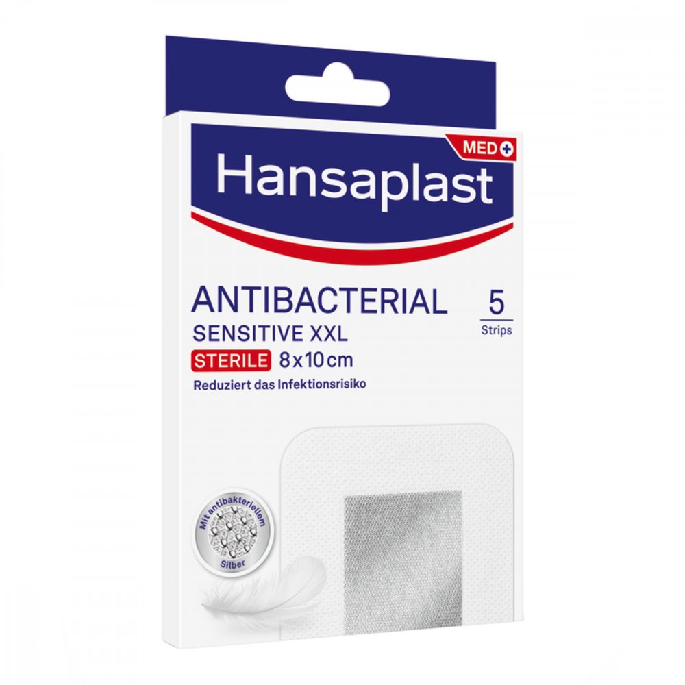 Das Produktfoto zeigt Hansaplast Sensitive Wundverband Antibakt.8x10 Cm (5 stk) PZN 16760078