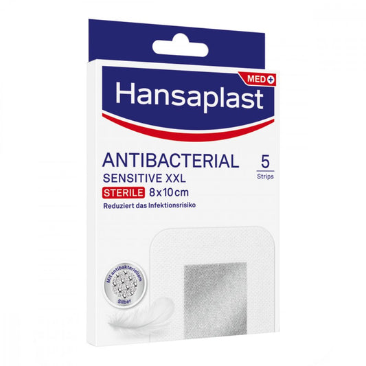 Das Produktfoto zeigt Hansaplast Sensitive Wundverband Antibakt.8x10 Cm (5 stk) PZN 16760078