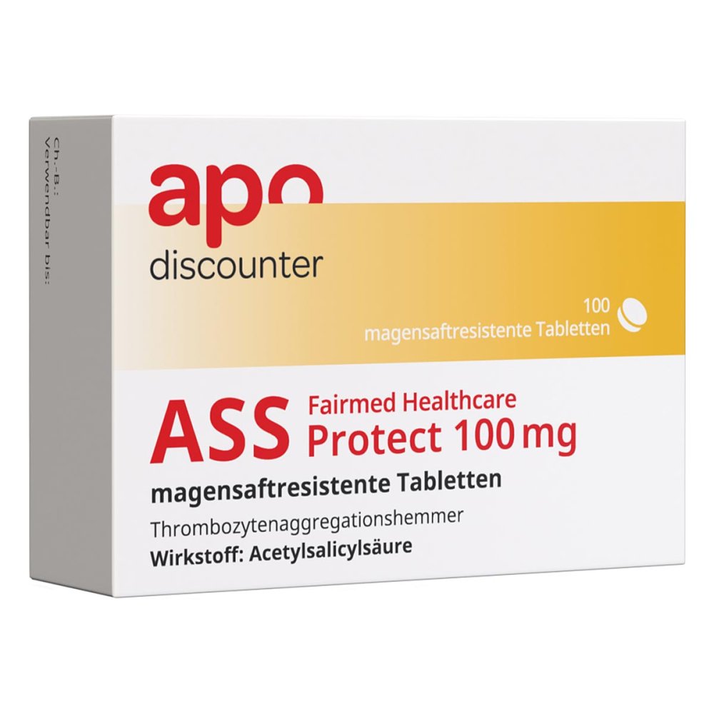 Das Produktfoto zeigt Ass Fairmed Healthcare Protect 100 Mg Msr.Tabl.Wl (100 stk) PZN 16762835