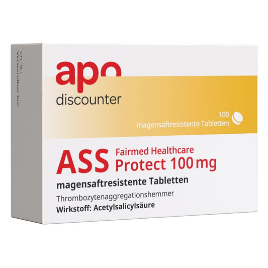 Das Produktfoto zeigt Ass Fairmed Healthcare Protect 100 Mg Msr.Tabl.Wl (100 stk) PZN 16762835