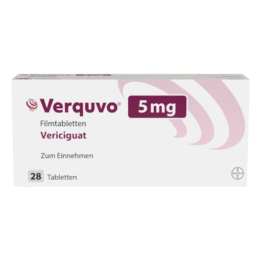 Das Produktfoto zeigt Verquvo 5 Mg Filmtabletten (1X28 stk) PZN 16771917