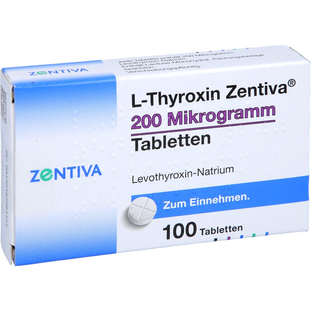 Das Produktfoto zeigt L-Thyroxin Zentiva 200 Mikrogramm Tabletten (100 stk) PZN 16778316