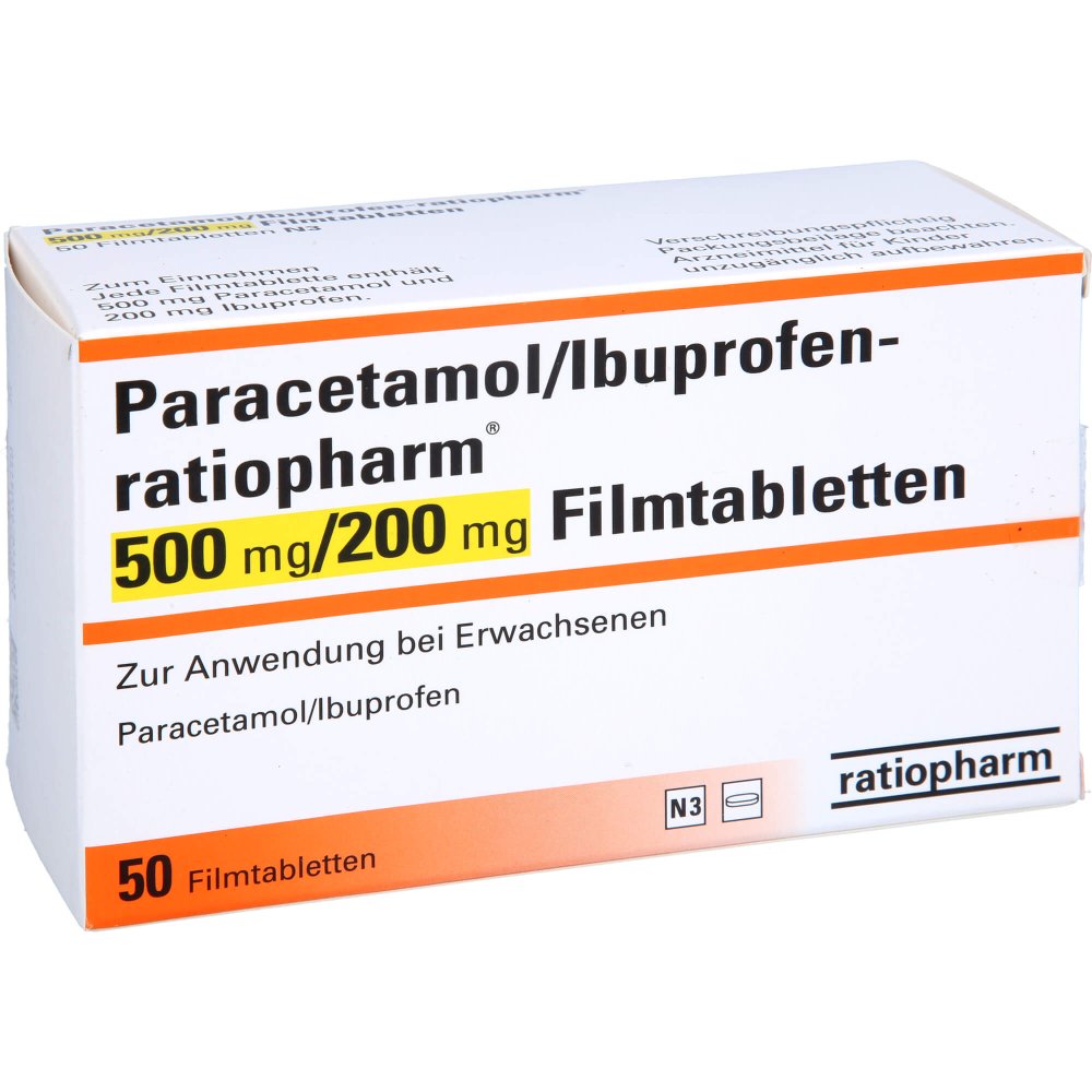 Das Produktfoto zeigt Paracetamol/Ibuprofen-Ratiopharm 500 Mg/200 Mg Fta (50 stk) PZN 16783493