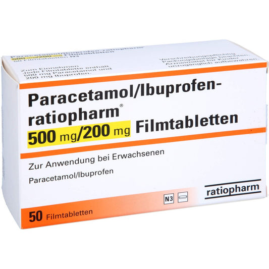 Das Produktfoto zeigt Paracetamol/Ibuprofen-Ratiopharm 500 Mg/200 Mg Fta (50 stk) PZN 16783493