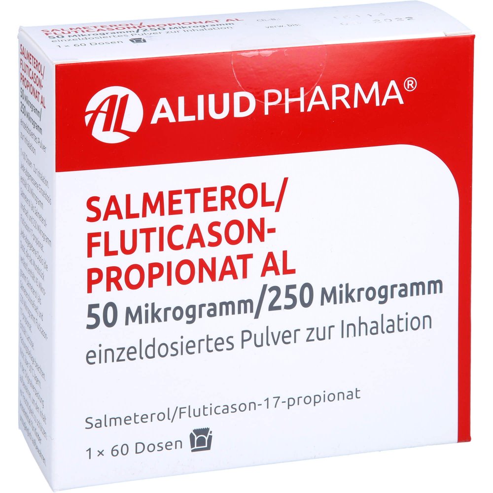 Das Produktfoto zeigt Salmeterol/Fluticasonpropionat Al 50μg/250μg 1x60 (60 stk) PZN 16785641