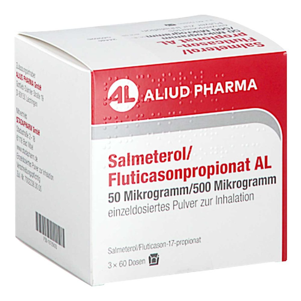 Das Produktfoto zeigt Salmeterol/Fluticasonpropionat Al 50μg/500μg 3x60 (3X60 stk) PZN 16785693
