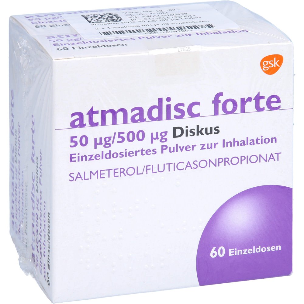 Das Produktfoto zeigt Atmadisc Forte 50 Μg/500 Μg Diskus Einzeld.Inh.-P. (2X60 stk) PZN 16792003