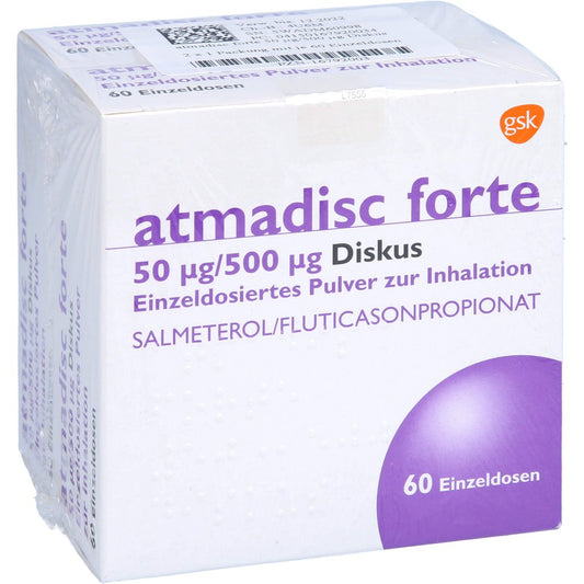 Das Produktfoto zeigt Atmadisc Forte 50 Μg/500 Μg Diskus Einzeld.Inh.-P. (2X60 stk) PZN 16792003