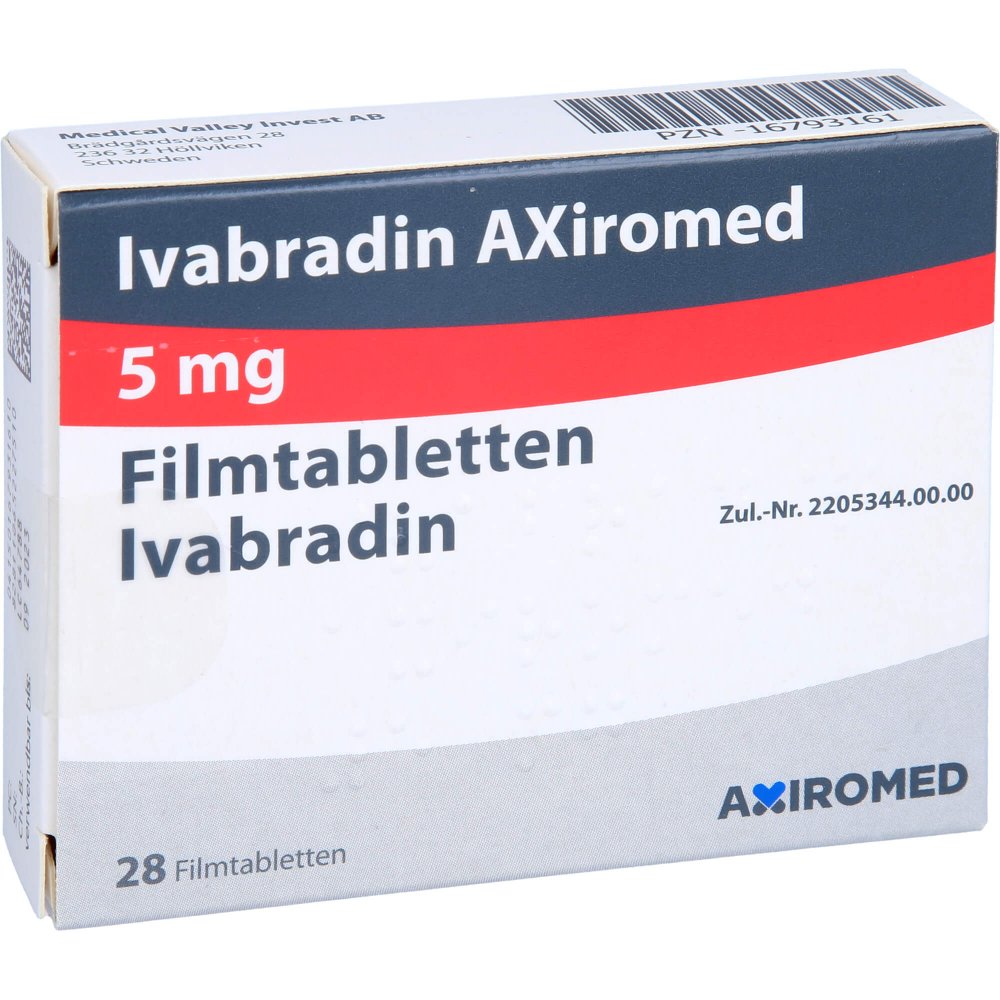Das Produktfoto zeigt Ivabradin Axiromed 5 Mg Filmtabletten (28 stk) PZN 16793161