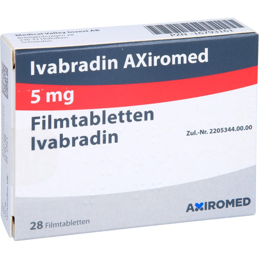 Das Produktfoto zeigt Ivabradin Axiromed 5 Mg Filmtabletten (28 stk) PZN 16793161