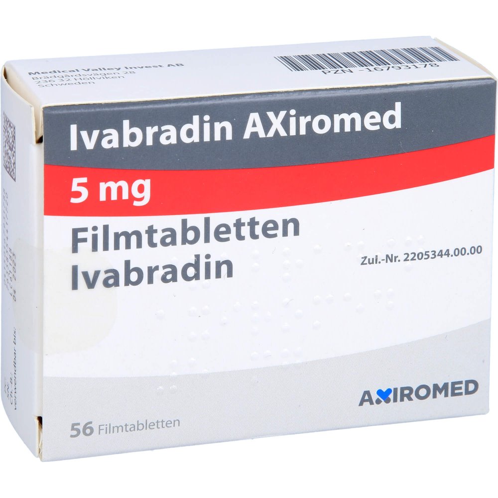 Das Produktfoto zeigt Ivabradin Axiromed 5 Mg Filmtabletten (56 stk) PZN 16793178
