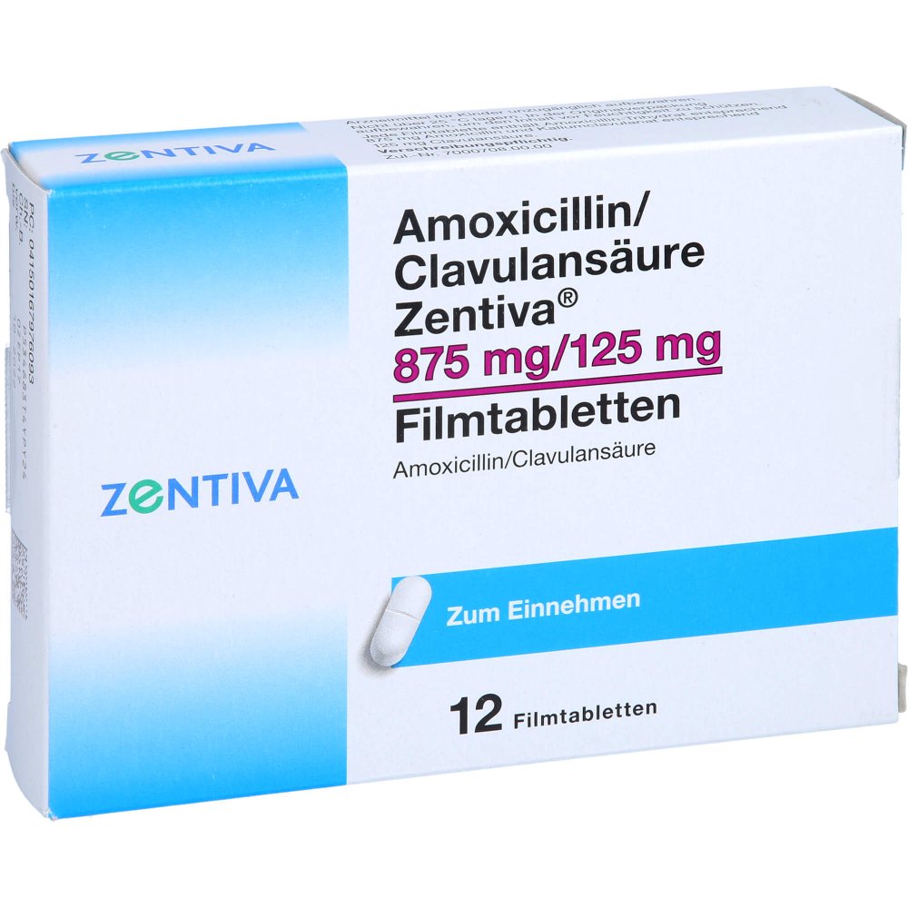 Das Produktfoto zeigt Amoxicillin/Clavulansäure Zentiva 875mg/125mg Fta (12 stk) PZN 16797609