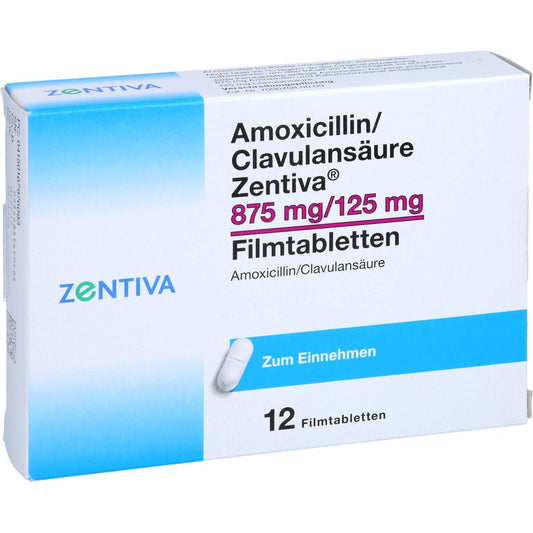 Das Produktfoto zeigt Amoxicillin/Clavulansäure Zentiva 875mg/125mg Fta (12 stk) PZN 16797609
