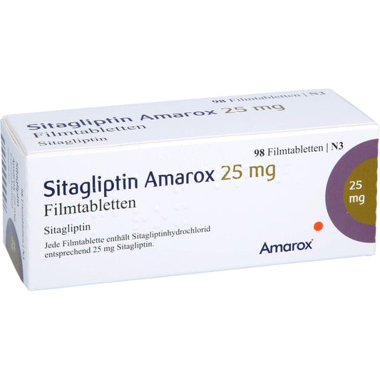 Das Produktfoto zeigt Sitagliptin Amarox 25 Mg Filmtabletten (98 stk) PZN 16804870
