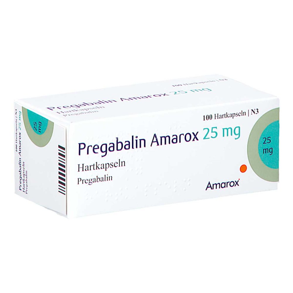Das Produktfoto zeigt Pregabalin Amarox 25 Mg Hartkapseln (100 stk) PZN 16805332