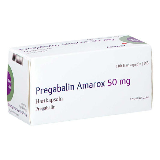 Das Produktfoto zeigt Pregabalin Amarox 50 Mg Hartkapseln (100 stk) PZN 16805444