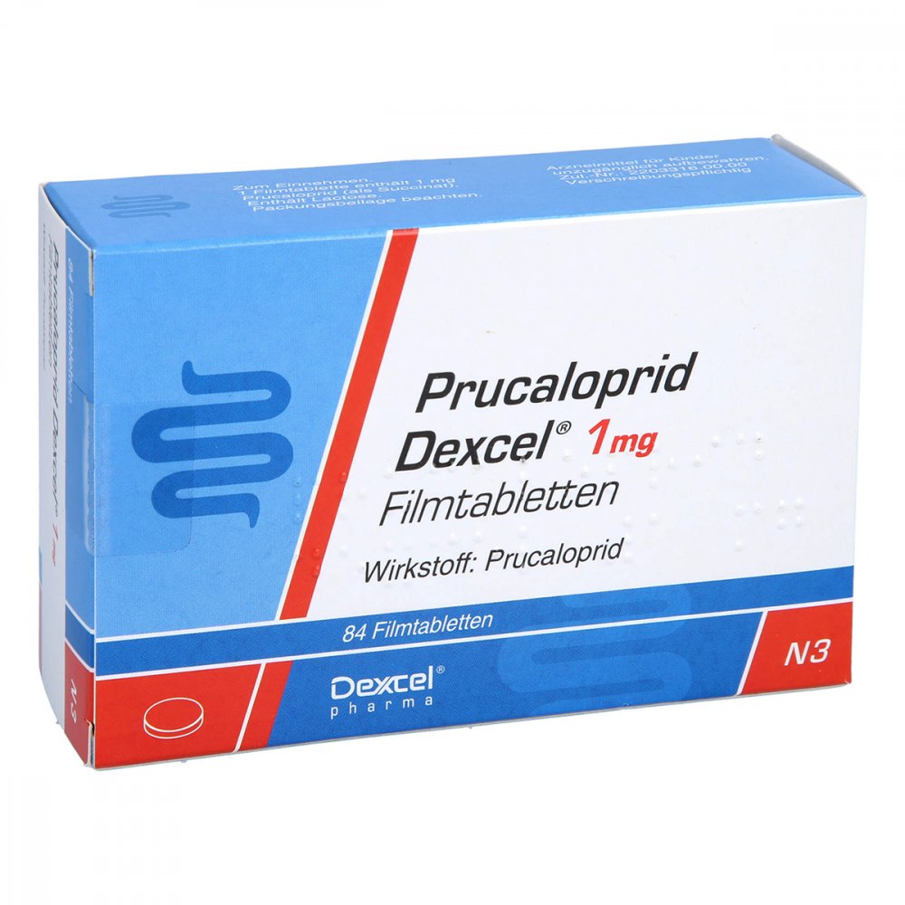 Das Produktfoto zeigt Prucaloprid Dexcel 1 Mg Filmtabletten (84 stk) PZN 16806225