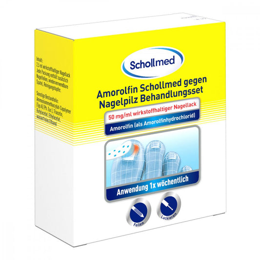 Das Produktfoto zeigt Amorolfin Schollmed Gegen Nagelpilz Behandlungsset (2.5 ml) PZN 16811261