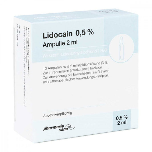 Das Produktfoto zeigt Lidocain Pharmarissano Ampulle 0,5% 2 Ml Inj.-Lsg. (10X2 ml) PZN 16815951