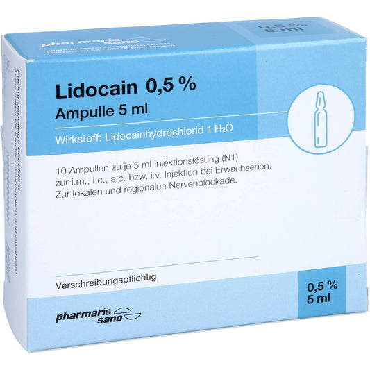 Das Produktfoto zeigt Lidocain Pharmarissano Ampulle 0,5% 5 Ml Inj.-Lsg. (10X5 ml) PZN 16815974