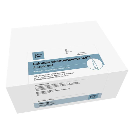 Das Produktfoto zeigt Lidocain Pharmarissano Ampulle 0,5% 5 Ml Inj.-Lsg. (100X5 ml) PZN 16815980