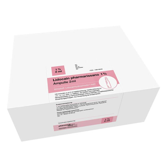 Das Produktfoto zeigt Lidocain Pharmarissano Ampulle 1% 2 Ml Inj.-Lsg. (100X2 ml) PZN 16816040