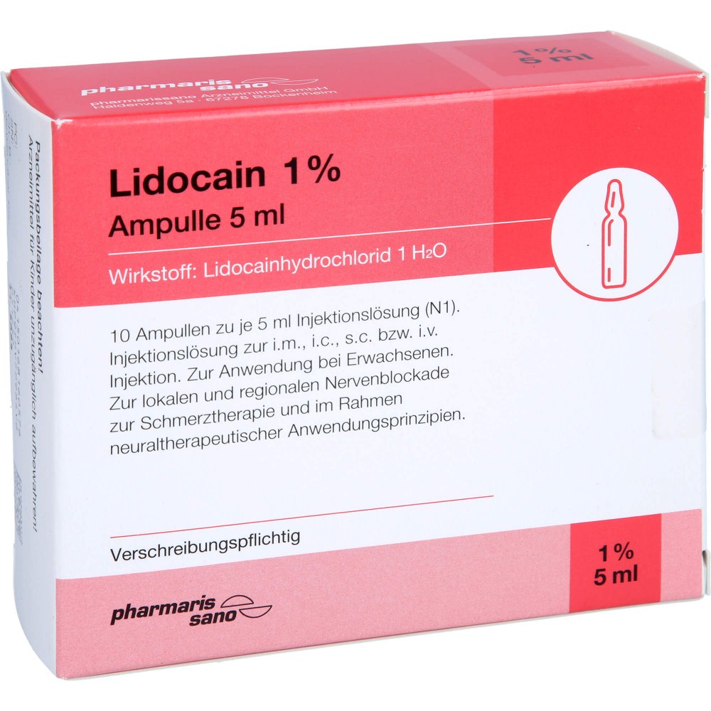 Das Produktfoto zeigt Lidocain Pharmarissano Ampulle 1% 5 Ml Inj.-Lsg. (10X5 ml) PZN 16816057