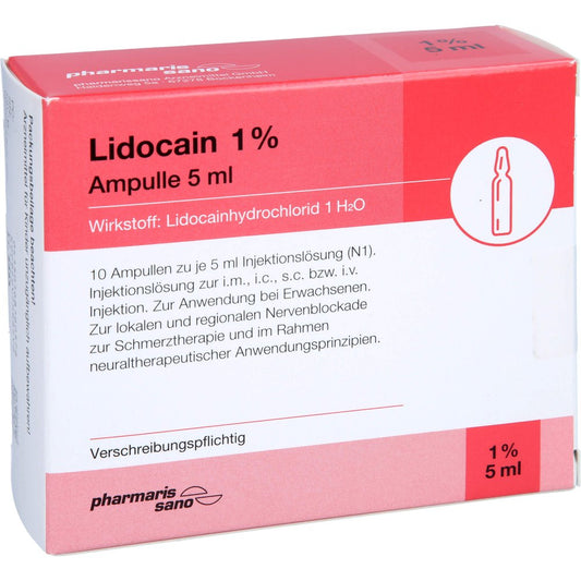Das Produktfoto zeigt Lidocain Pharmarissano Ampulle 1% 5 Ml Inj.-Lsg. (10X5 ml) PZN 16816057