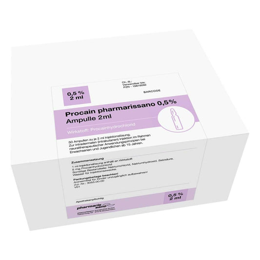 Das Produktfoto zeigt Procain Pharmarissano Ampulle 0,5% 2 Ml Inj.-Lsg. (50X2 ml) PZN 16816092