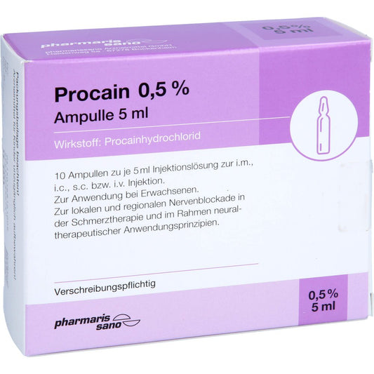 Das Produktfoto zeigt Procain Pharmarissano Ampulle 0,5% 5 Ml Inj.-Lsg. (10X5 ml) PZN 16816100