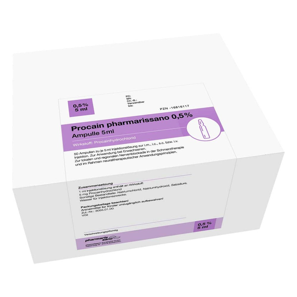 Das Produktfoto zeigt Procain Pharmarissano Ampulle 0,5% 5 Ml Inj.-Lsg. (50X5 ml) PZN 16816117
