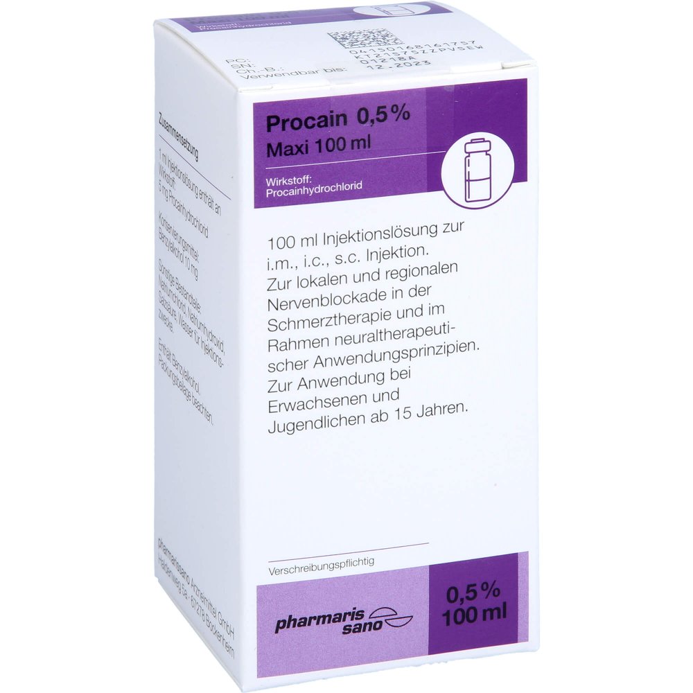 Das Produktfoto zeigt Procain Pharmarissano 0,5% Maxi Inj.-Lsg.Fla.100ml (100 ml) PZN 16816175