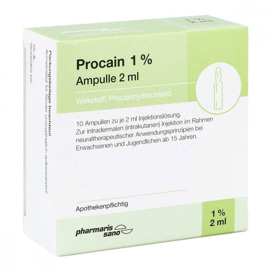 Das Produktfoto zeigt Procain Pharmarissano Ampulle 1% 2 Ml Inj.-Lsg. (10X2 ml) PZN 16816198
