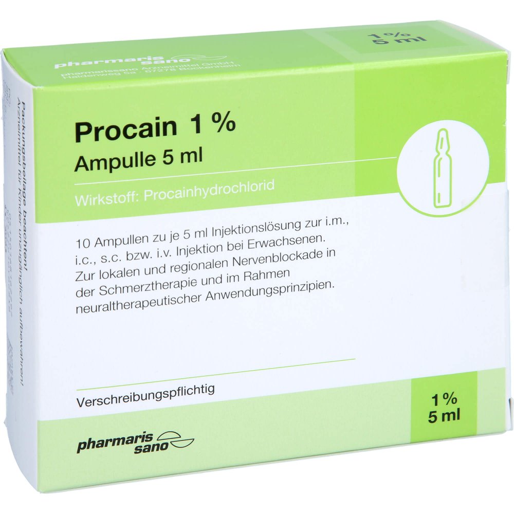 Das Produktfoto zeigt Procain Pharmarissano Ampulle 1% 5 Ml Inj.-Lsg. (10X5 ml) PZN 16816229