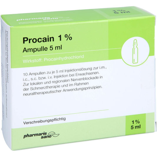Das Produktfoto zeigt Procain Pharmarissano Ampulle 1% 5 Ml Inj.-Lsg. (10X5 ml) PZN 16816229