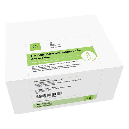 Das Produktfoto zeigt Procain Pharmarissano Ampulle 1% 5 Ml Inj.-Lsg. (50X5 ml) PZN 16816235
