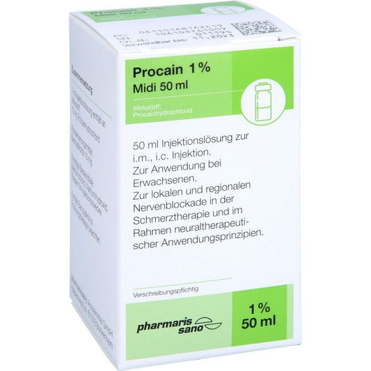 Das Produktfoto zeigt Procain Pharmarissano 1% Midi Inj.-Lsg.Fla.50ml (50 ml) PZN 16816241