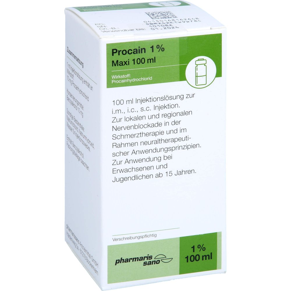Das Produktfoto zeigt Procain Pharmarissano Injektionsflasche 1% 100 Ml (100 ml) PZN 16816264