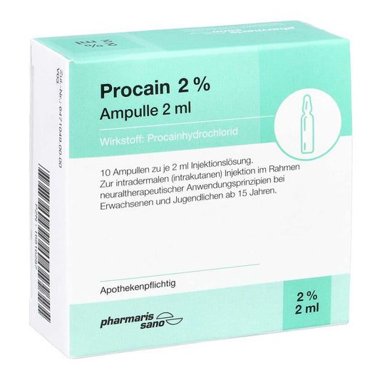 Das Produktfoto zeigt Procain Pharmarissano Ampulle 2% 2 Ml Inj.-Lsg. (10X2 ml) PZN 16816287