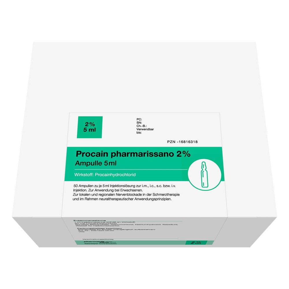 Das Produktfoto zeigt Procain Pharmarissano Ampulle 2% 5 Ml Inj.-Lsg. (50X5 ml) PZN 16816318