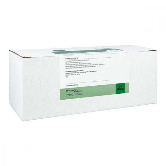 Das Produktfoto zeigt Procain Pharmarissano Injektionsflasche 2% 100 Ml (10X100 ml) PZN 16816353