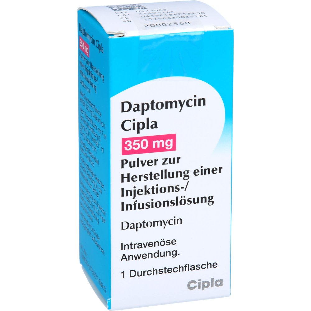 Das Produktfoto zeigt Daptomycin Cipla 350 Mg Plv.Z.Her.E.Inj.-/Inf.-L. (1 stk) PZN 16821325
