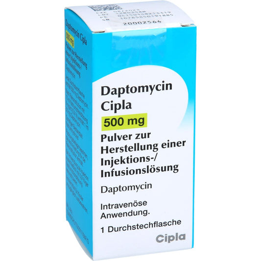 Das Produktfoto zeigt Daptomycin Cipla 500 Mg Plv.Z.Her.E.Inj.-/Inf.-L. (1 stk) PZN 16821331