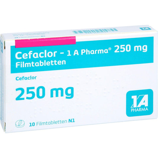 Das Produktfoto zeigt Cefaclor-1a Pharma 250 Mg Filmtabletten (10 stk) PZN 16822537