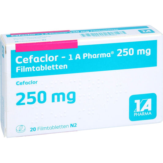Das Produktfoto zeigt Cefaclor-1a Pharma 250 Mg Filmtabletten (20 stk) PZN 16822543
