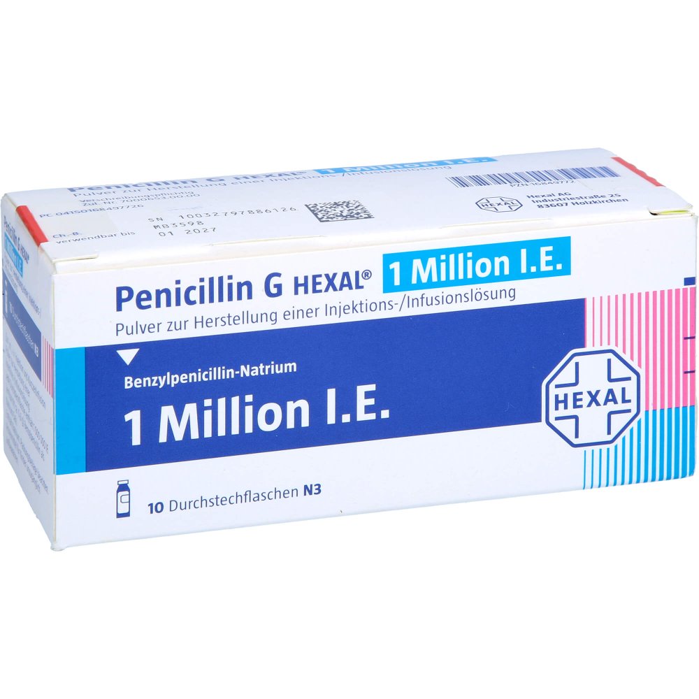 Das Produktfoto zeigt Penicillin G Hexal 1 Mio. I.E. P.H.Inj.-/Inf.-L. (10 stk) PZN 16849772