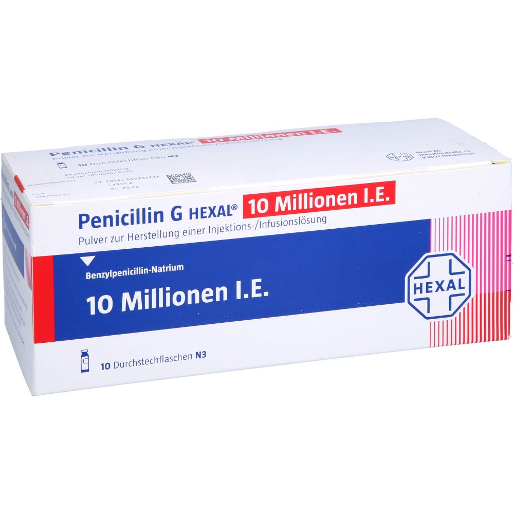 Das Produktfoto zeigt Penicillin G Hexal 10 Mio. I.E. P.H.Inj.-/Inf.-L. (10 stk) PZN 16849795